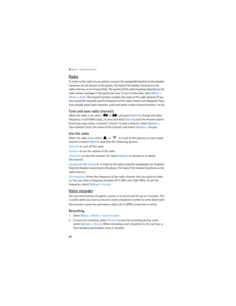 Voice recorder," p. 42, Radio, Voice recorder | Nokia 7380 User Manual | Page 43 / 137