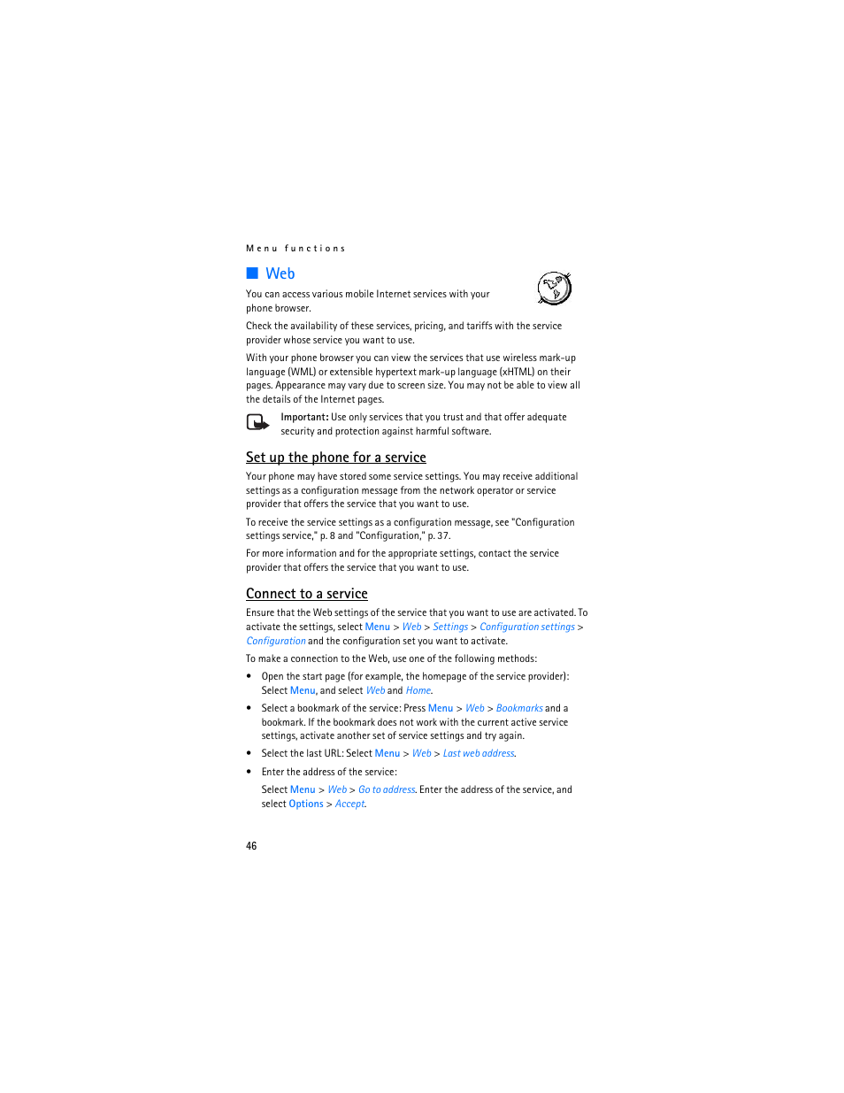 Set up the phone for a service, Connect to a service | Nokia 7380 User Manual | Page 47 / 137
