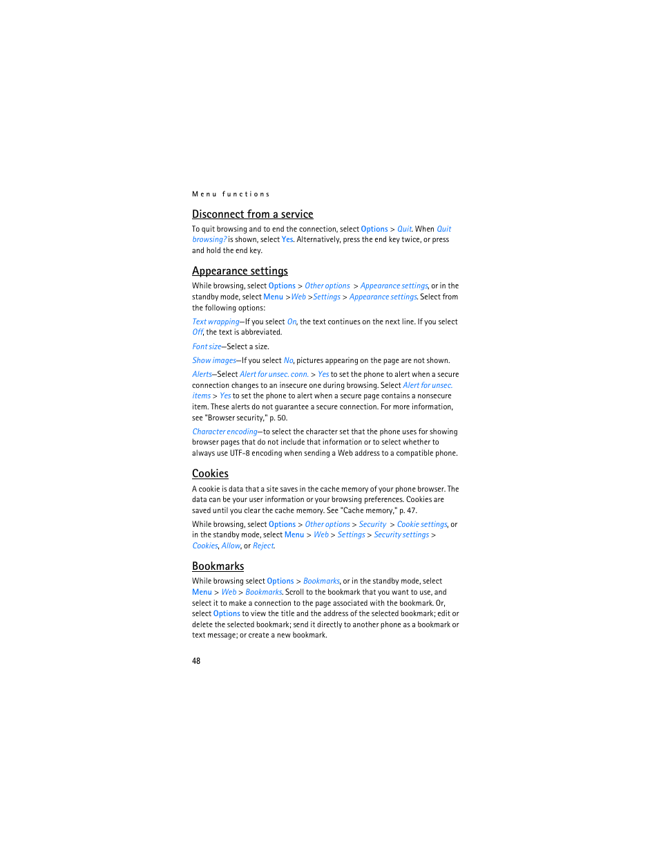 Disconnect from a service, Appearance settings, Cookies | Bookmarks | Nokia 7380 User Manual | Page 49 / 137