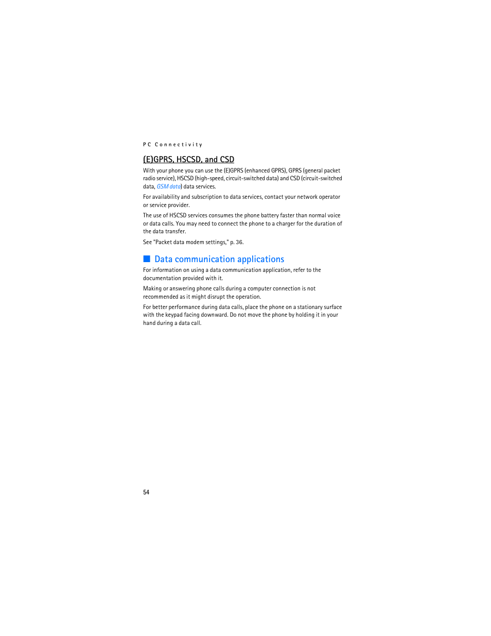 Data communication applications, E)gprs, hscsd, and csd | Nokia 7380 User Manual | Page 55 / 137