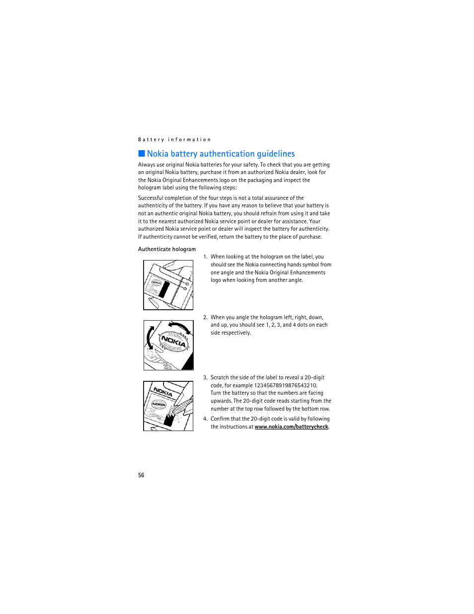 Nokia battery authentication guidelines | Nokia 7380 User Manual | Page 57 / 137