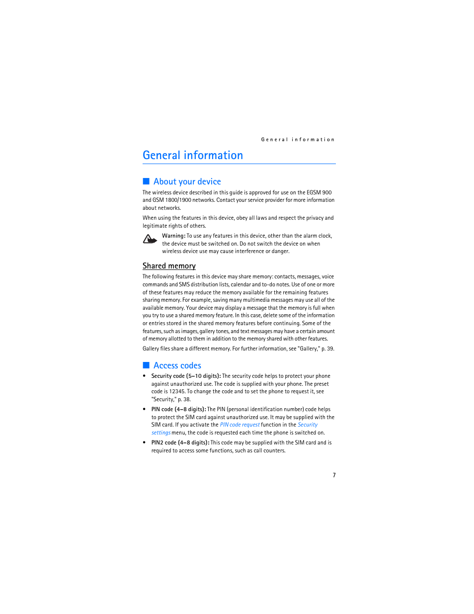 General information, About your device, Access codes | About your device access codes | Nokia 7380 User Manual | Page 8 / 137