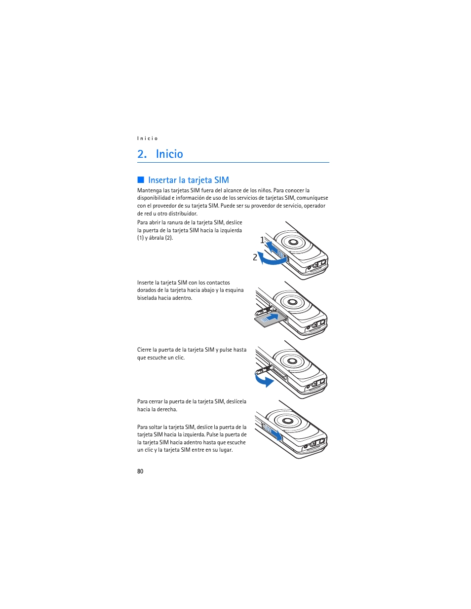 Inicio, Insertar la tarjeta sim | Nokia 7380 User Manual | Page 81 / 137