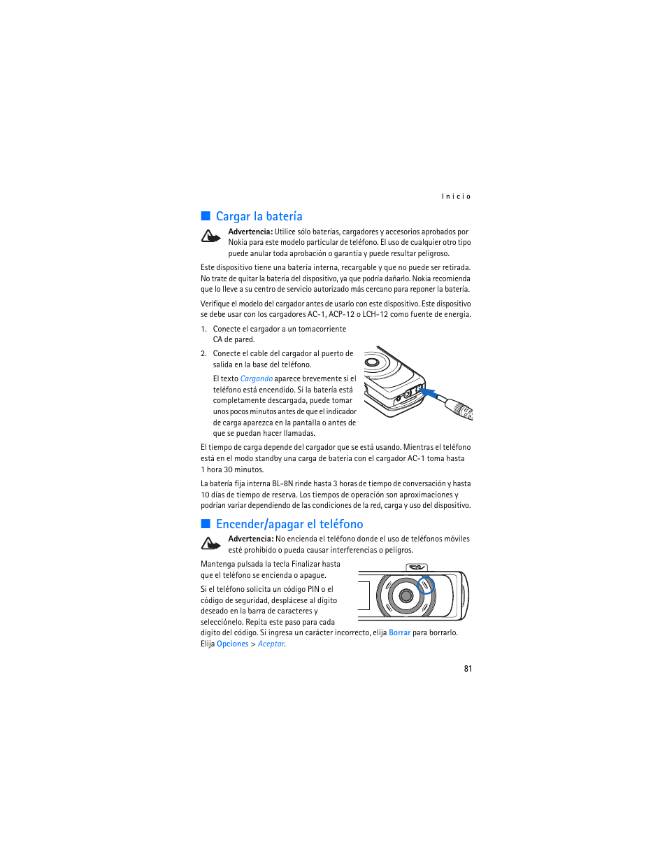 Cargar la batería, Encender/apagar el teléfono, Cargar la batería encender/apagar el teléfono | Nokia 7380 User Manual | Page 82 / 137