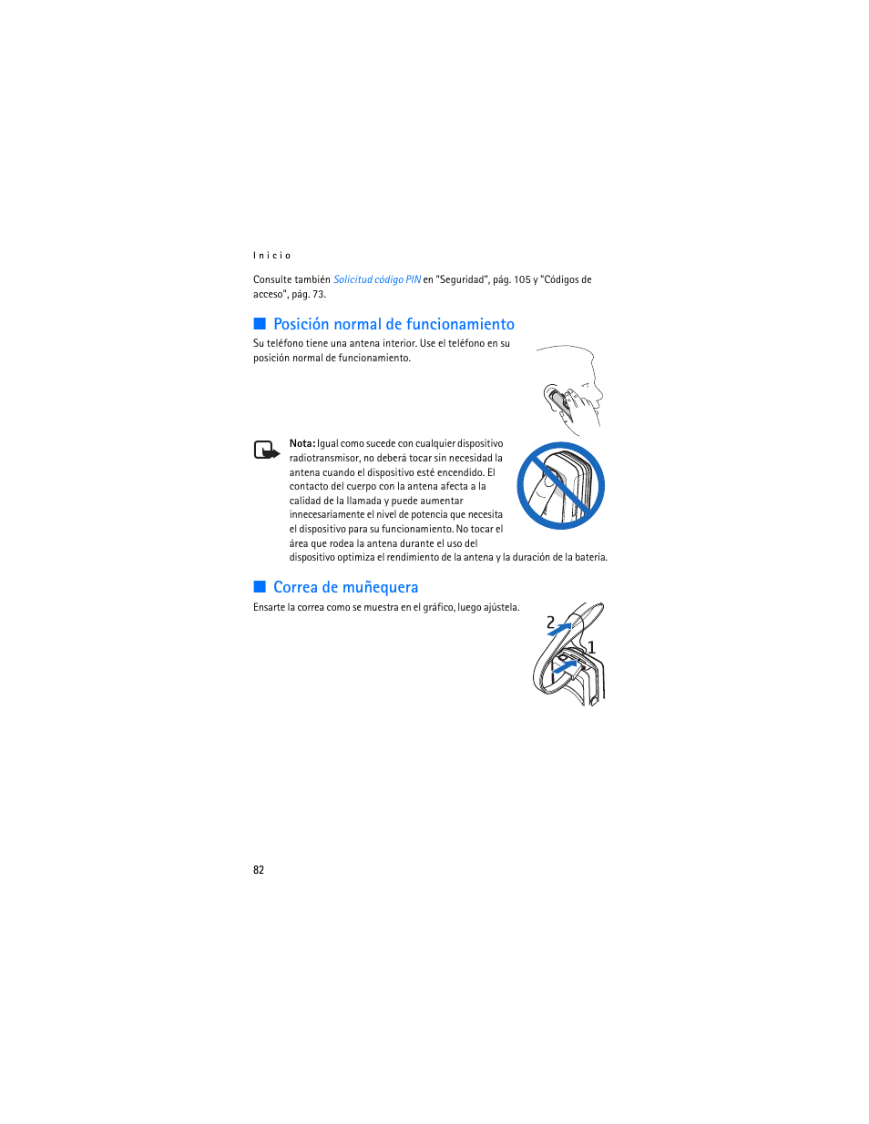 Posición normal de funcionamiento, Correa de muñequera | Nokia 7380 User Manual | Page 83 / 137