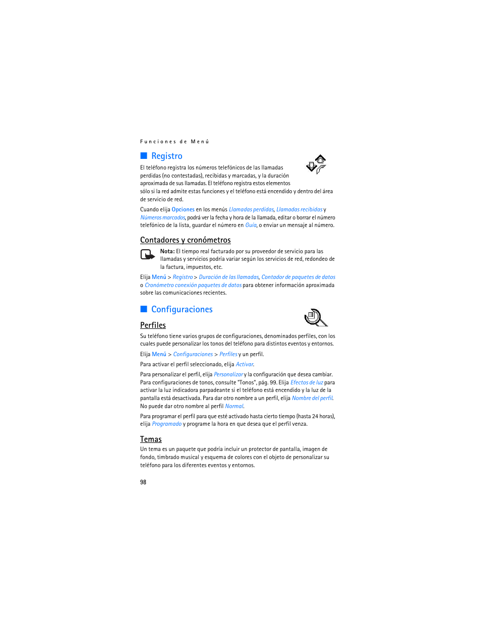 Registro, Configuraciones, Registro configuraciones | Perfiles", pág. 98, Contadores y cronómetros, Perfiles, Temas | Nokia 7380 User Manual | Page 99 / 137