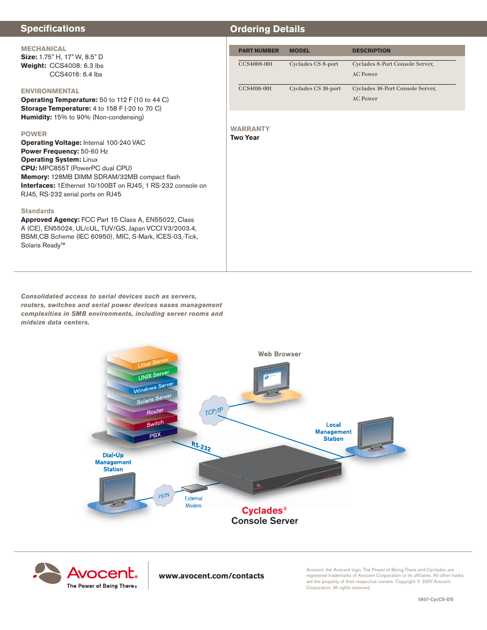 Specifi cations ordering details, Cyclades, Console server | Avocent Cyclades CS4008 User Manual | Page 2 / 2