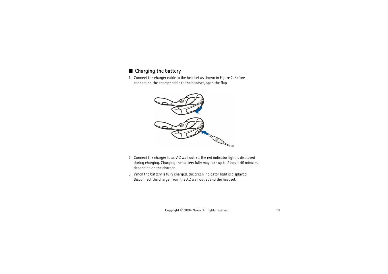 Charging the battery | Nokia Wireless Boom Headset HS-4W User Manual | Page 10 / 23