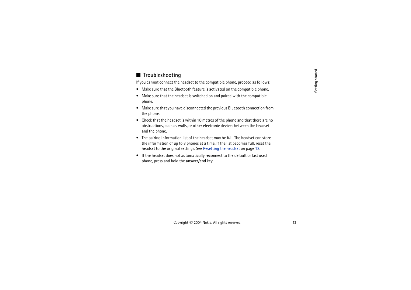 Troubleshooting | Nokia Wireless Boom Headset HS-4W User Manual | Page 13 / 23