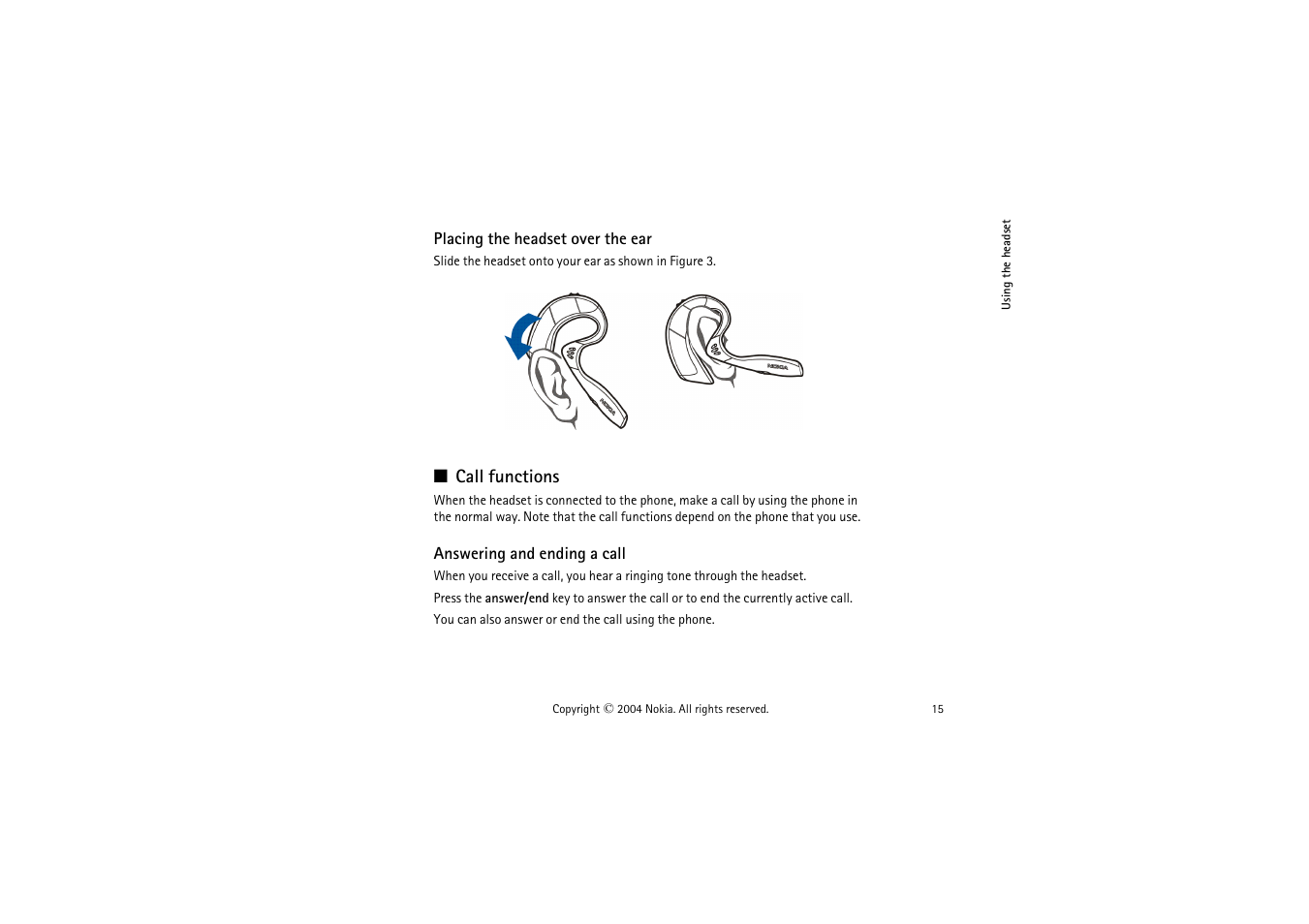 Placing the headset over the ear, Call functions, Answering and ending a call | Nokia Wireless Boom Headset HS-4W User Manual | Page 15 / 23