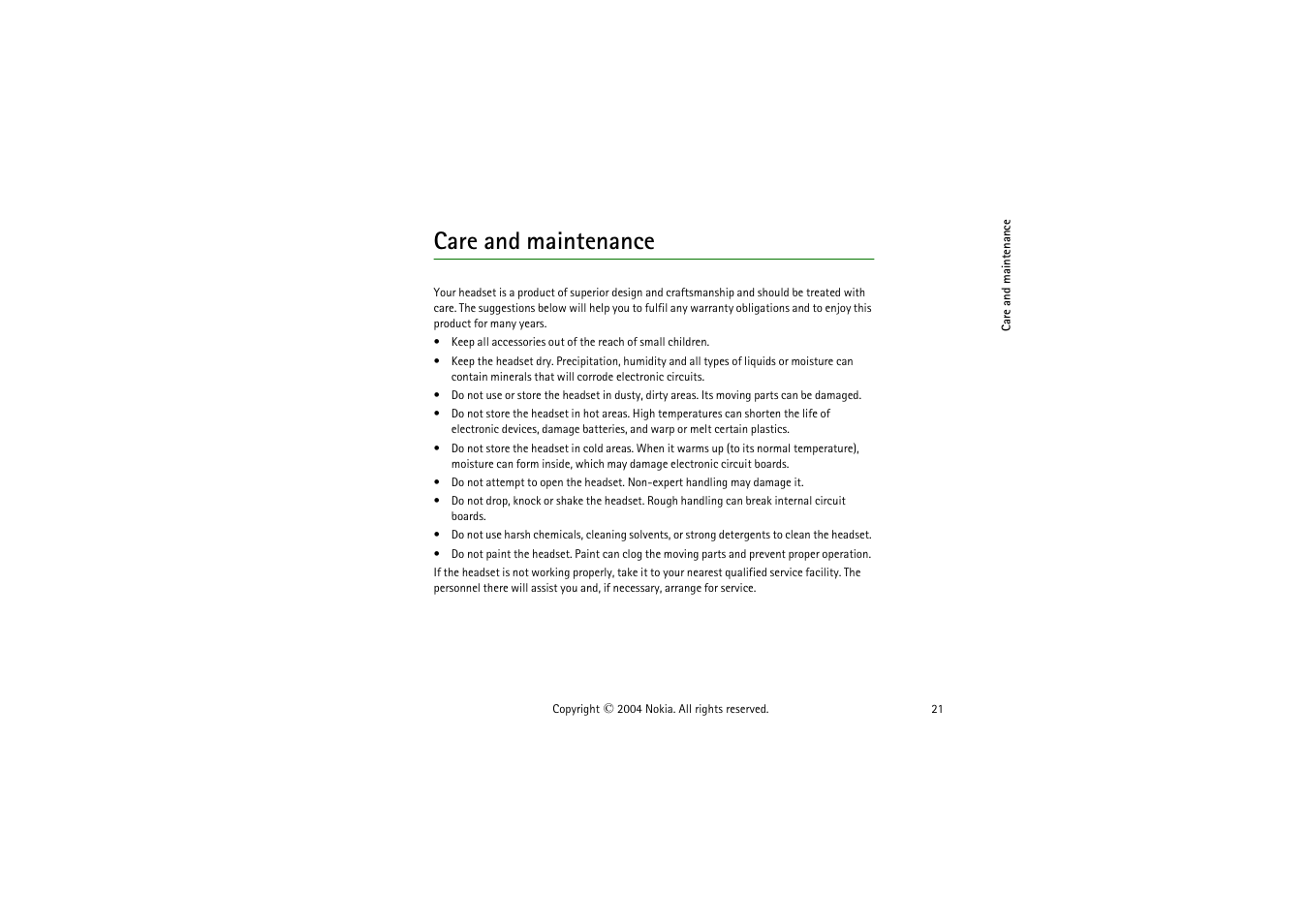 Care and maintenance | Nokia Wireless Boom Headset HS-4W User Manual | Page 21 / 23