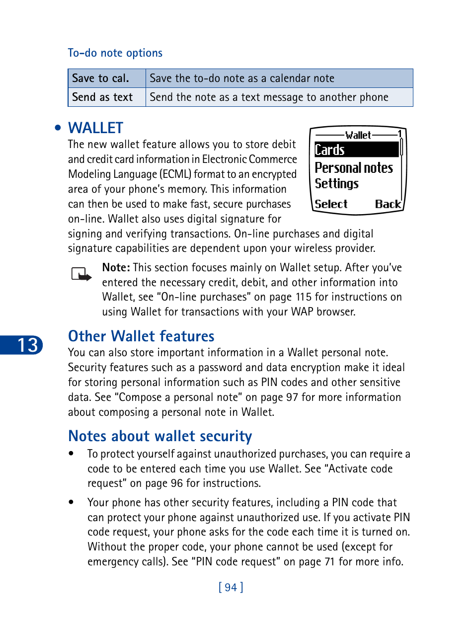 Wallet, Other wallet features | Nokia 6340 User Manual | Page 103 / 161