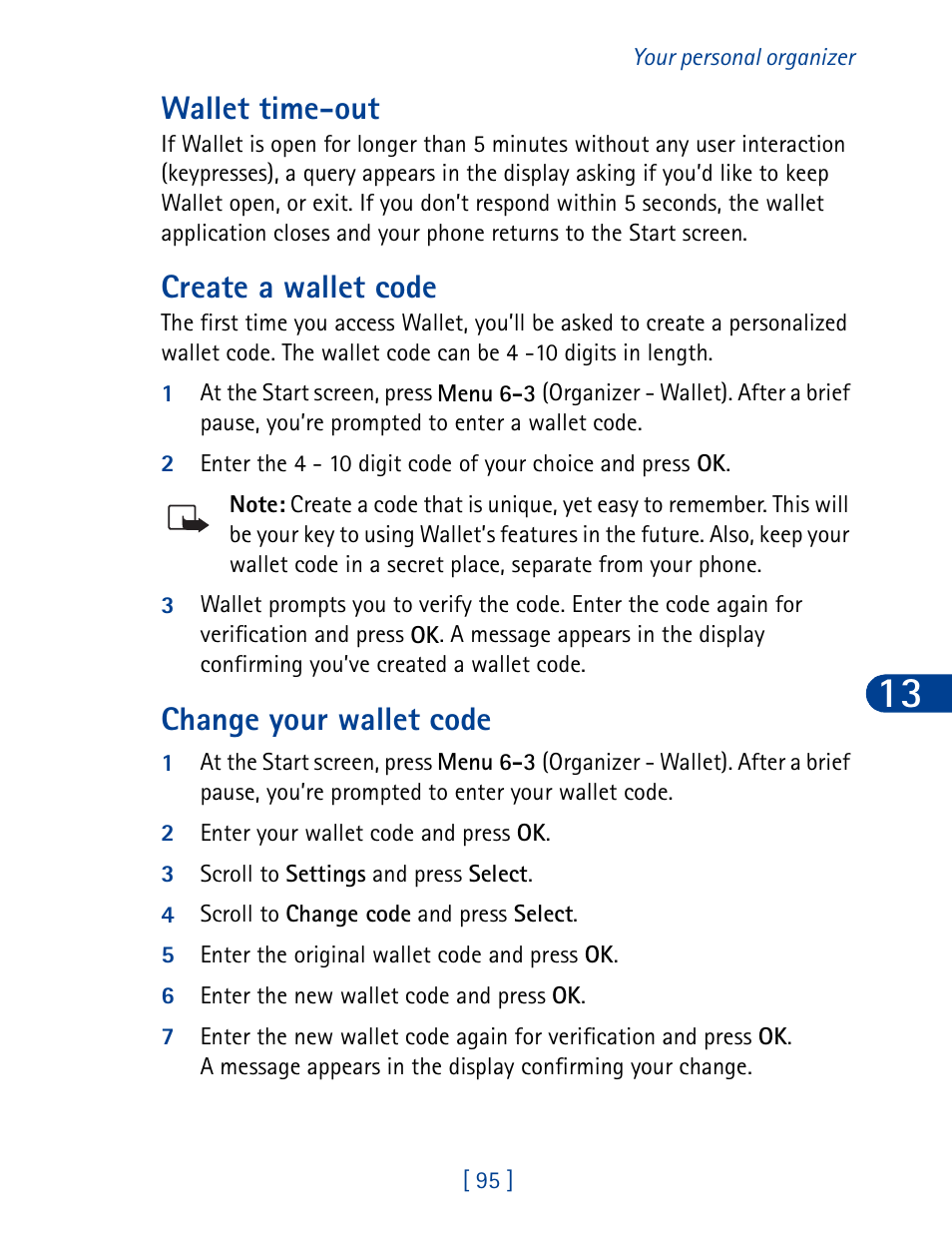 Wallet time-out, Create a wallet code, Change your wallet code | Nokia 6340 User Manual | Page 104 / 161