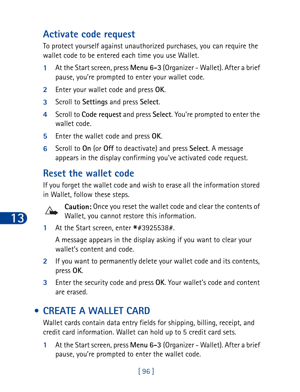 Create a wallet card, Activate code request, Reset the wallet code | Nokia 6340 User Manual | Page 105 / 161