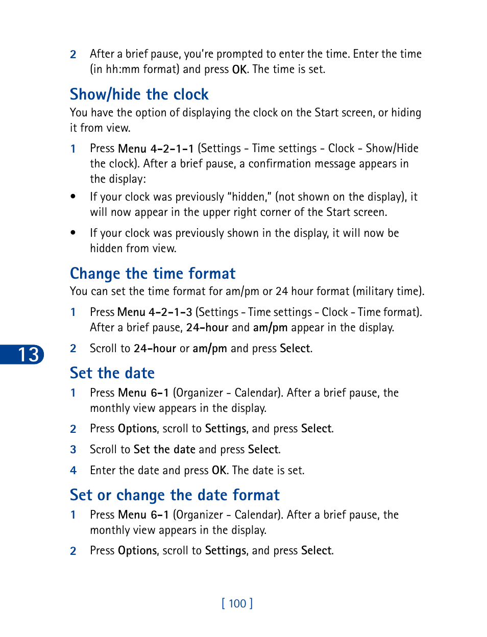 Show/hide the clock, Change the time format, Set the date | Set or change the date format | Nokia 6340 User Manual | Page 109 / 161