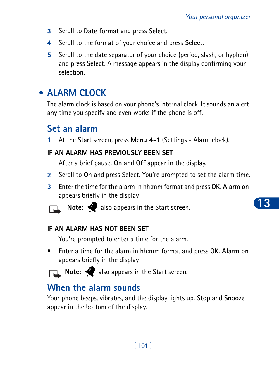 Alarm clock, Set an alarm, When the alarm sounds | Nokia 6340 User Manual | Page 110 / 161