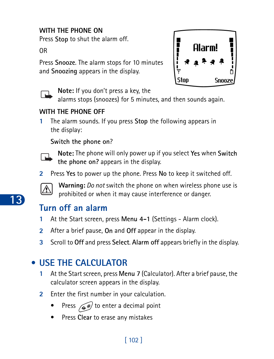 Use the calculator, Turn off an alarm | Nokia 6340 User Manual | Page 111 / 161