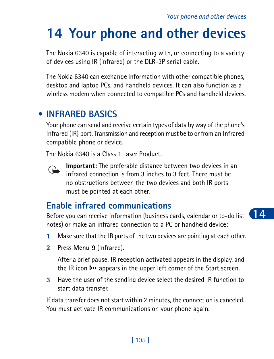 14 your phone and other devices, Infrared basics, Enable infrared communications | Nokia 6340 User Manual | Page 114 / 161