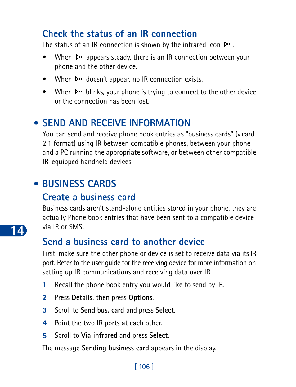 Send and receive information, Business cards, Send and receive information business cards | Check the status of an ir connection, Business cards create a business card, Send a business card to another device | Nokia 6340 User Manual | Page 115 / 161