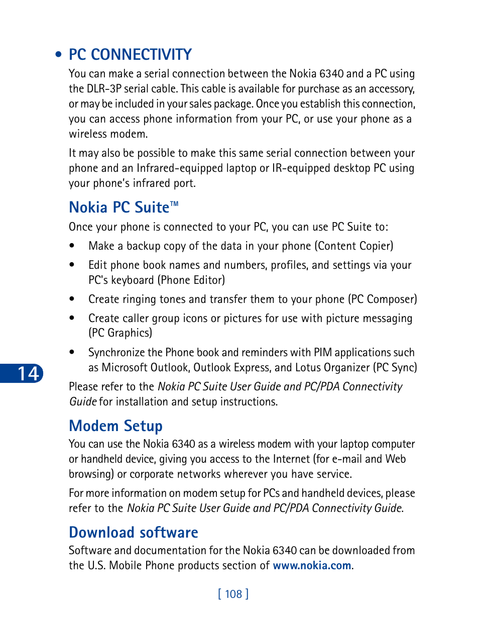 Pc connectivity, Nokia pc suite, Modem setup | Download software | Nokia 6340 User Manual | Page 117 / 161