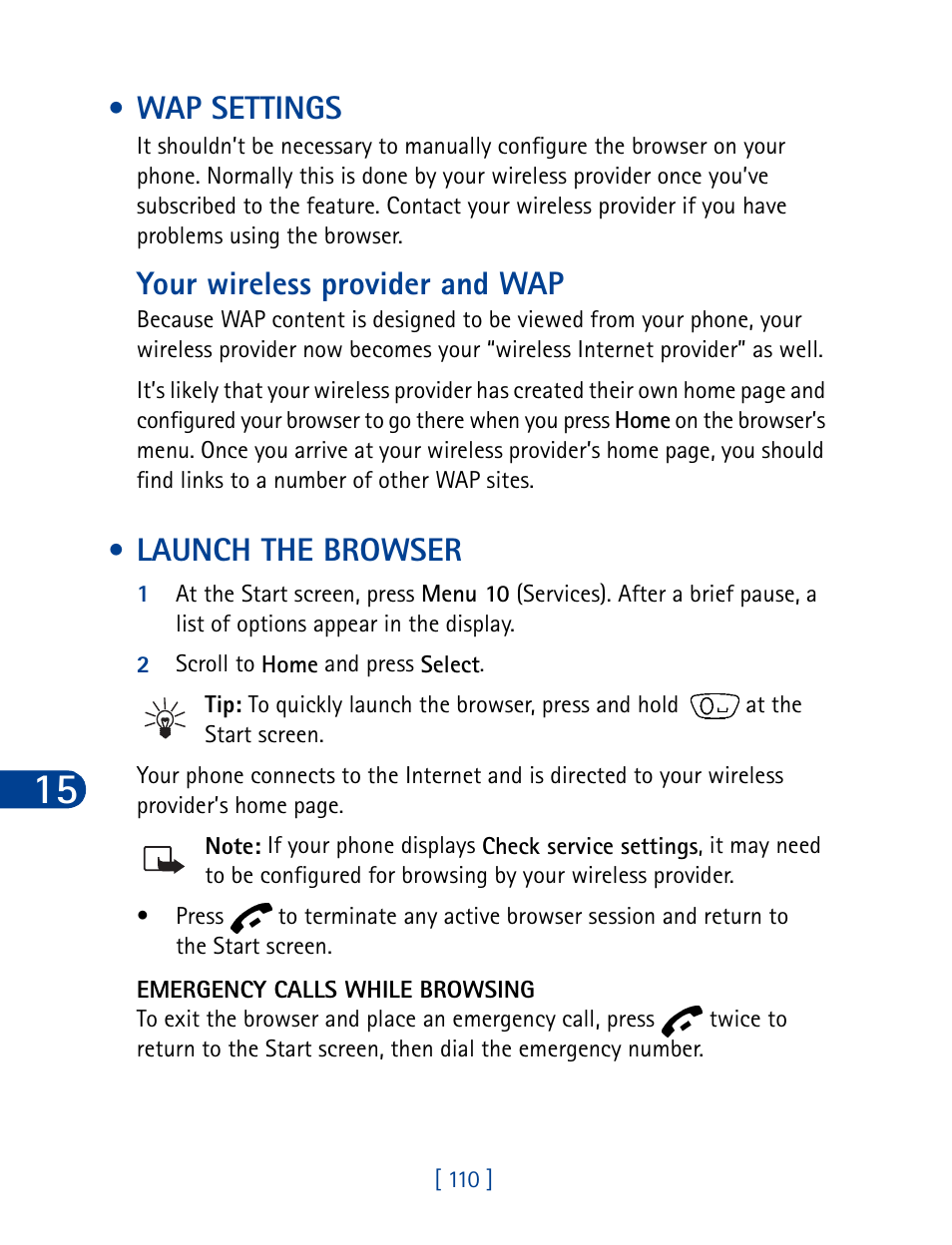 Wap settings, Launch the browser, Wap settings launch the browser | Your wireless provider and wap | Nokia 6340 User Manual | Page 119 / 161