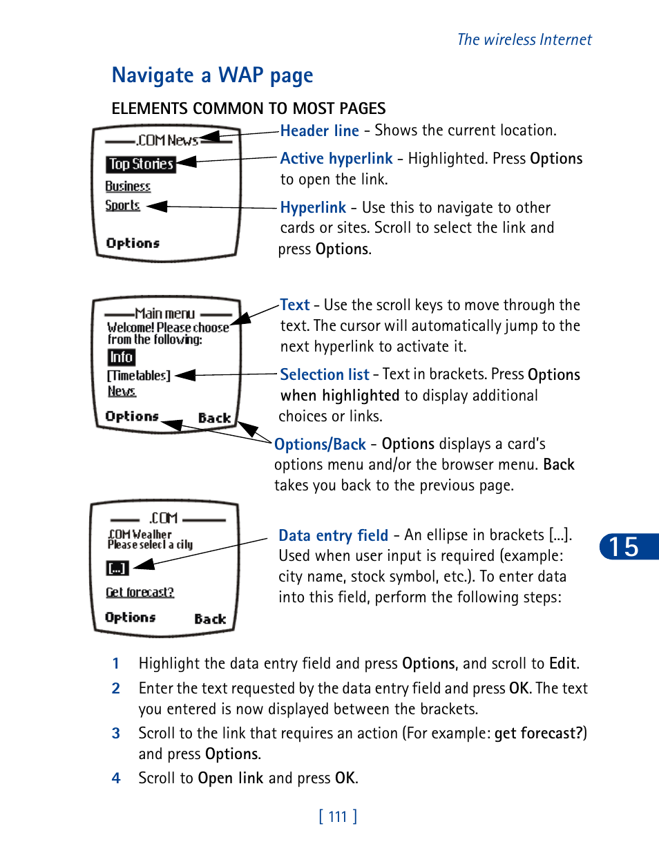 Navigate a wap page | Nokia 6340 User Manual | Page 120 / 161