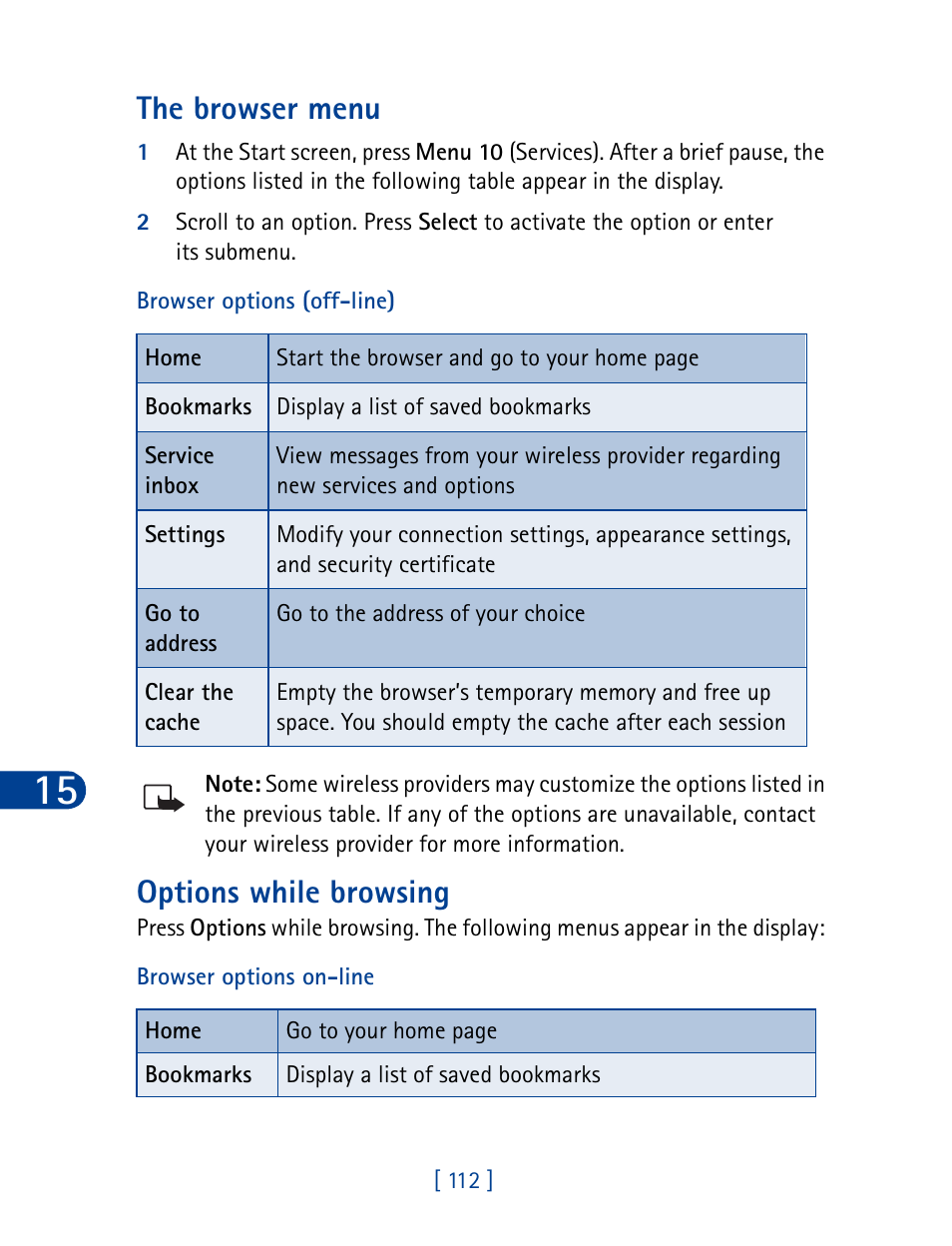 The browser menu, Options while browsing | Nokia 6340 User Manual | Page 121 / 161