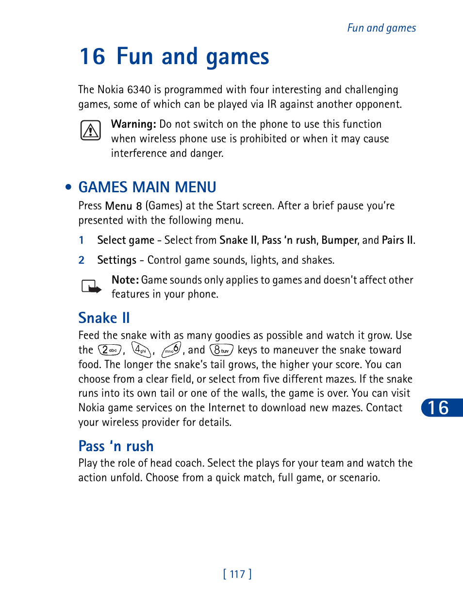 16 fun and games, Games main menu, Snake ii | Pass ‘n rush | Nokia 6340 User Manual | Page 126 / 161