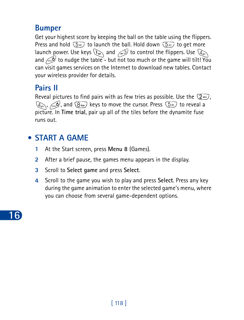 Start a game, Bumper, Pairs ii | Nokia 6340 User Manual | Page 127 / 161