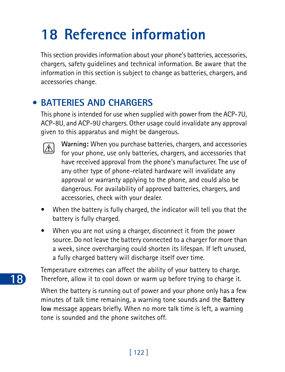 18 reference information, Batteries and chargers | Nokia 6340 User Manual | Page 131 / 161