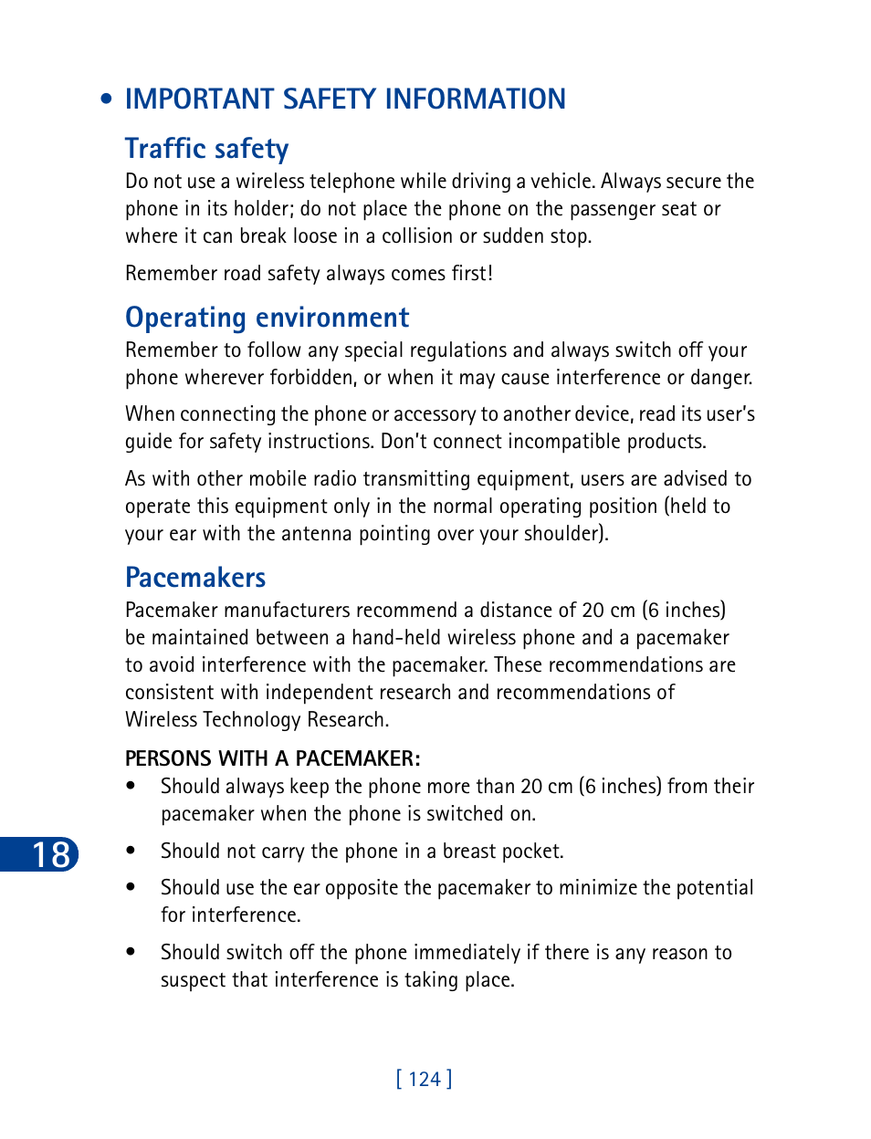 Important safety information, Important safety information traffic safety, Operating environment | Pacemakers | Nokia 6340 User Manual | Page 133 / 161