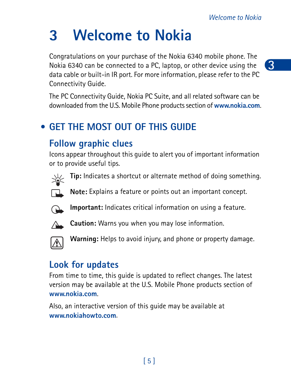 3 welcome to nokia, Get the most out of this guide, Welcome to nokia | 3welcome to nokia, Look for updates | Nokia 6340 User Manual | Page 14 / 161