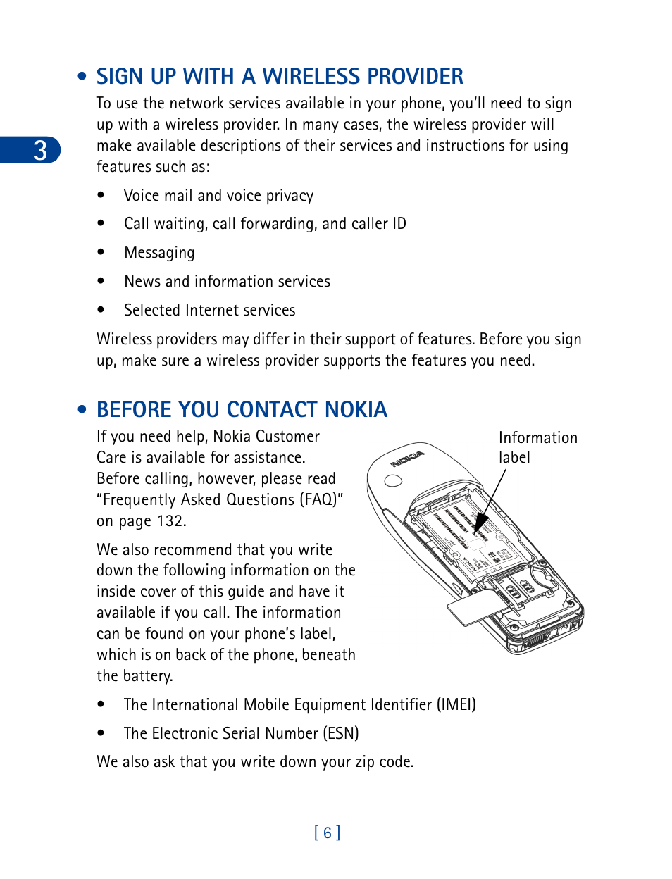 Sign up with a wireless provider, Before you contact nokia | Nokia 6340 User Manual | Page 15 / 161