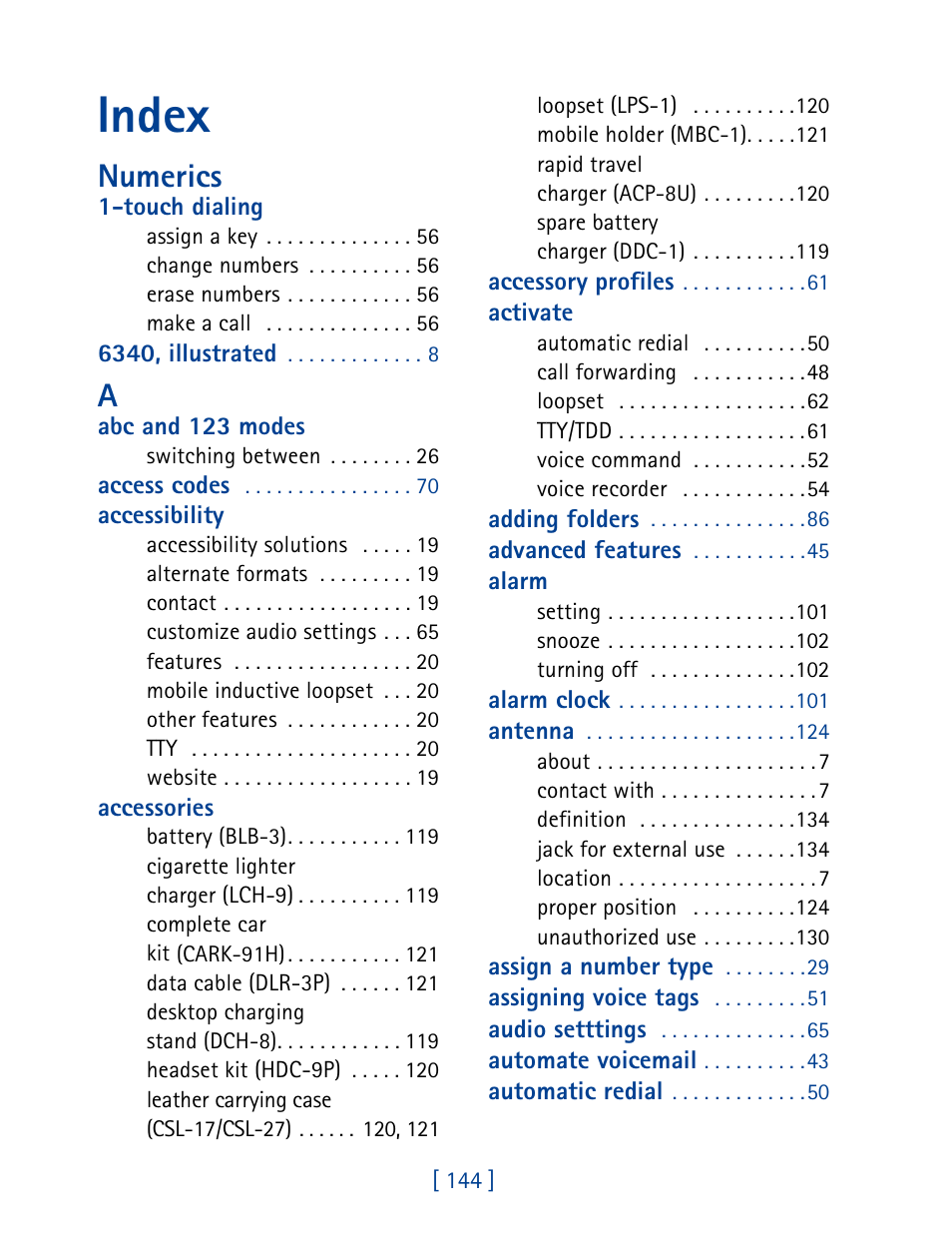 Index, Numerics | Nokia 6340 User Manual | Page 153 / 161