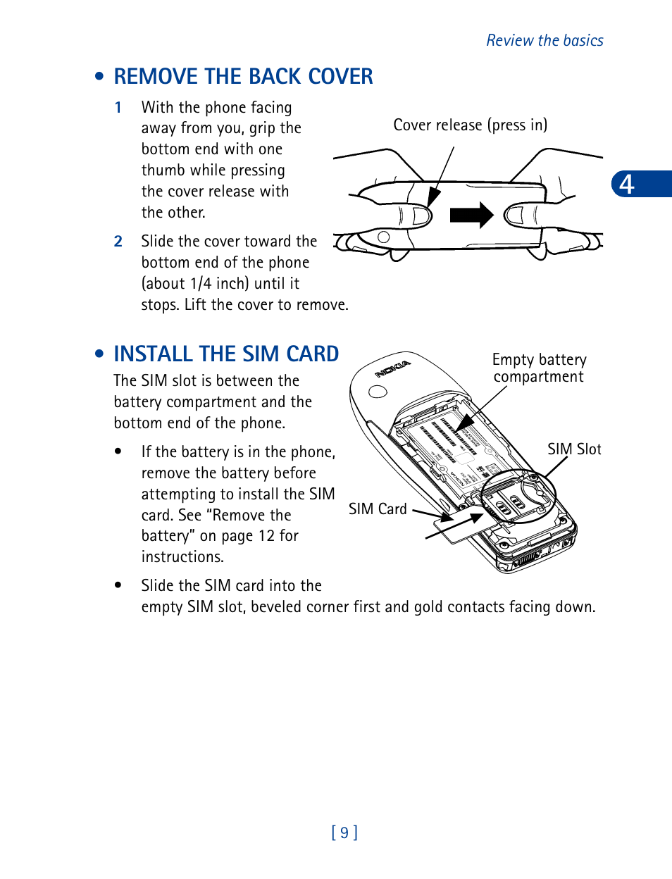 Remove the back cover, Install the sim card, Remove the back cover install the sim card | Nokia 6340 User Manual | Page 18 / 161