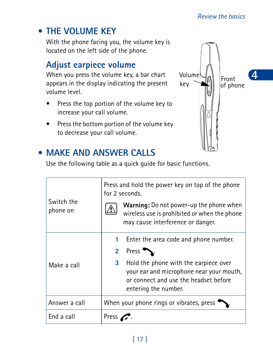 The volume key, Make and answer calls, The volume key make and answer calls | Adjust earpiece volume | Nokia 6340 User Manual | Page 26 / 161