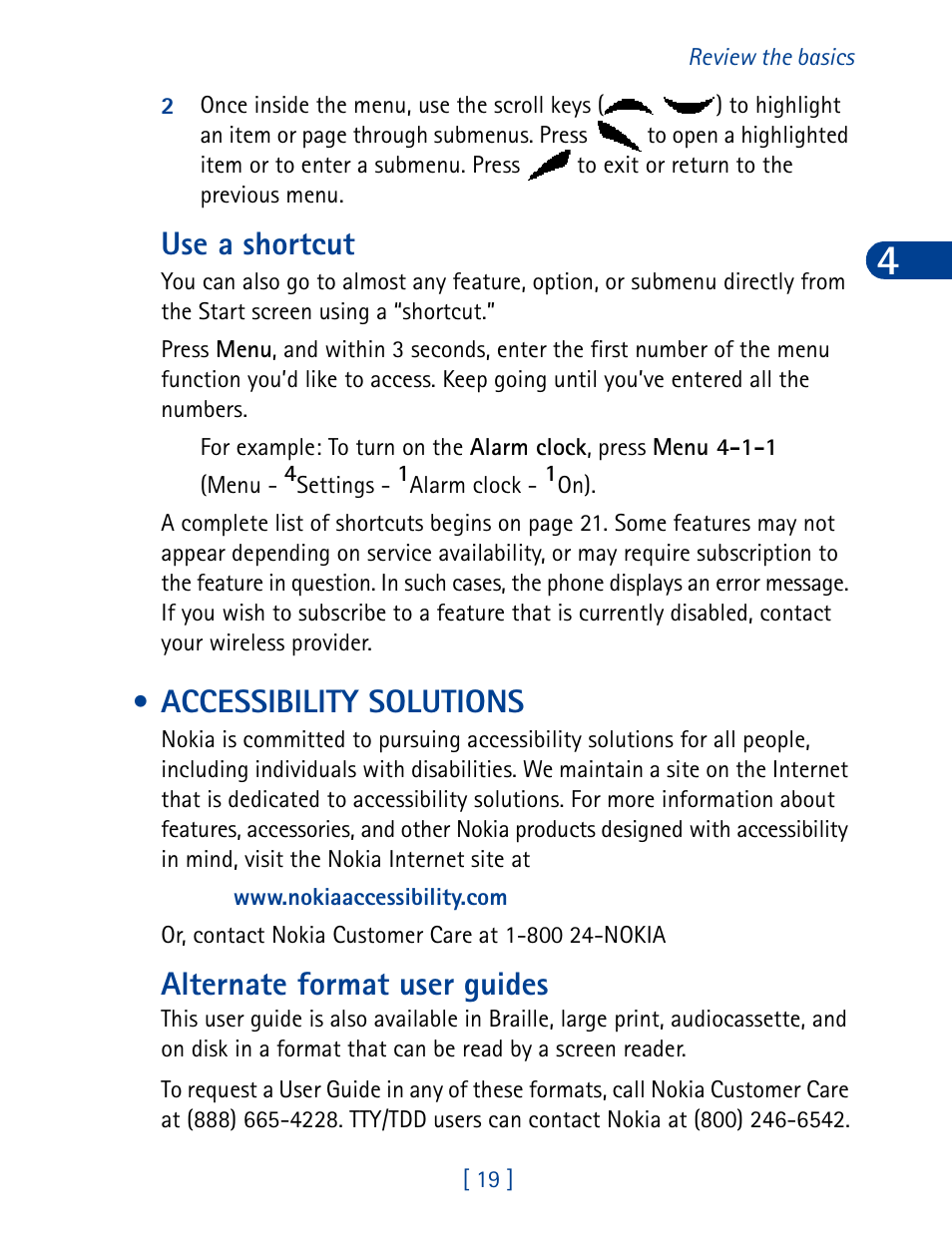 Accessibility solutions, Use a shortcut, Alternate format user guides | Nokia 6340 User Manual | Page 28 / 161