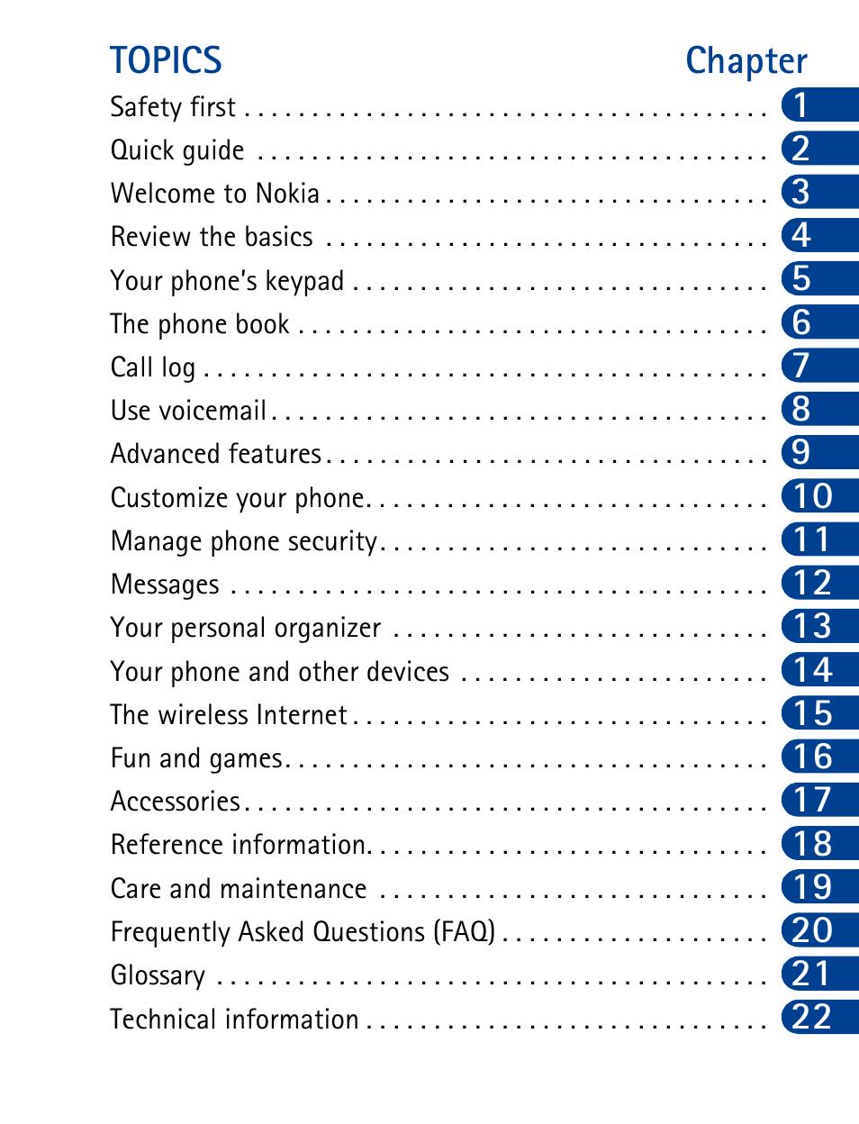 Topics, Topics chapter | Nokia 6340 User Manual | Page 4 / 161