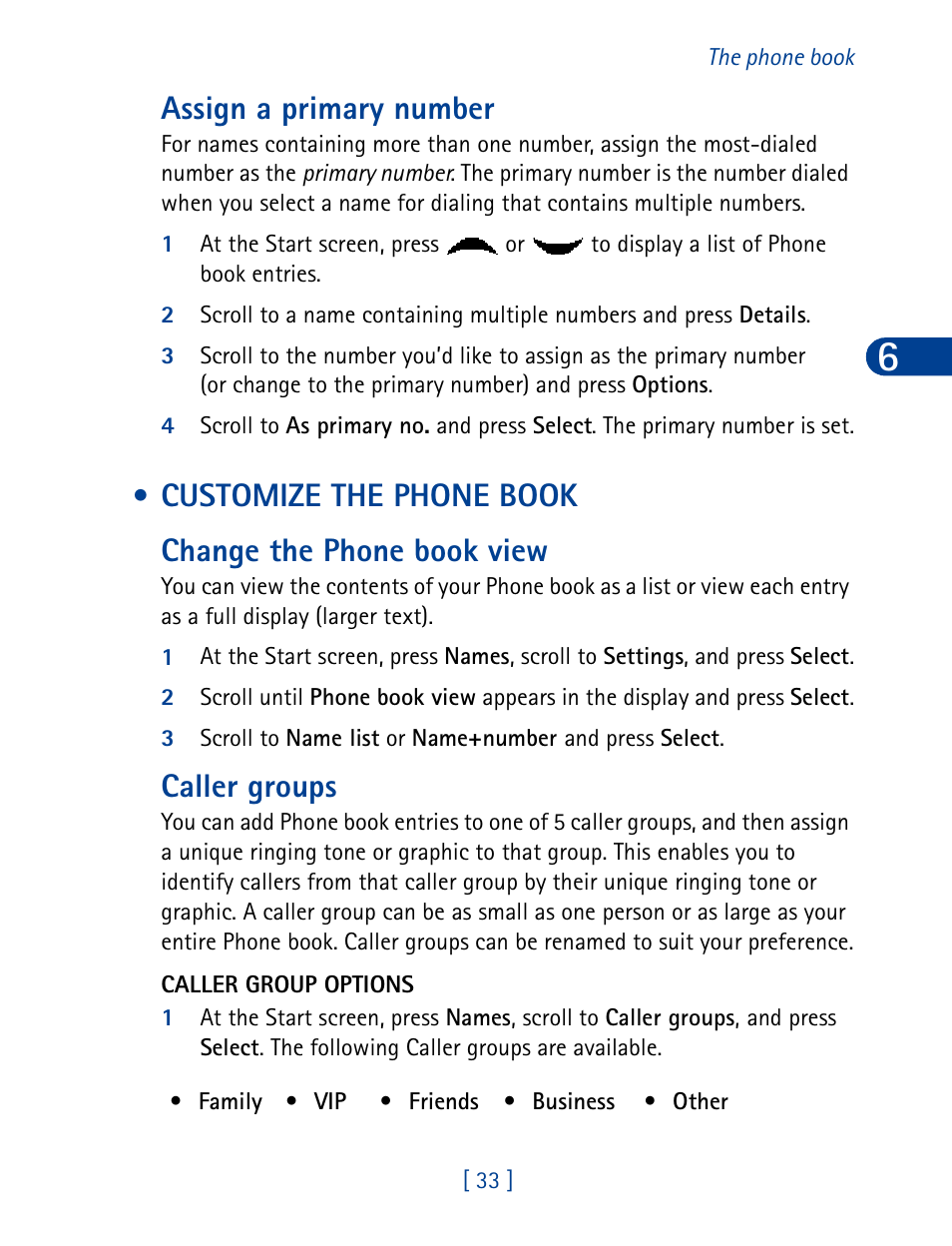 Customize the phone book, Assign a primary number, Caller groups | Nokia 6340 User Manual | Page 42 / 161