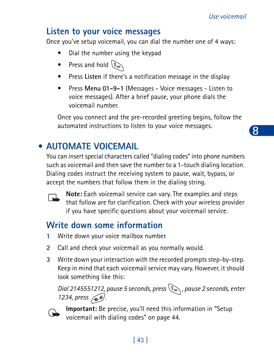 Automate voicemail, Listen to your voice messages, Write down some information | Nokia 6340 User Manual | Page 52 / 161