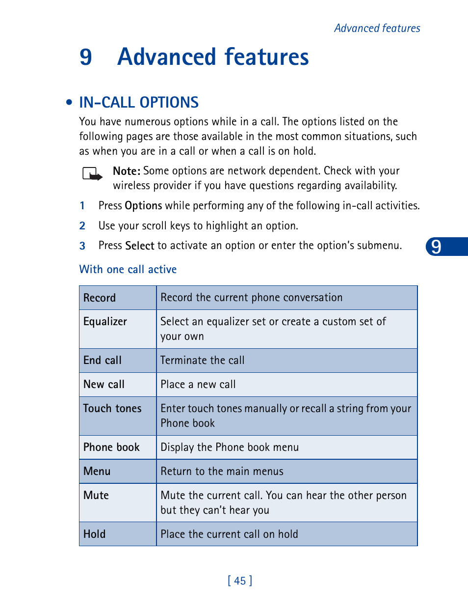 9 advanced features, In-call options, Advanced features | 9advanced features | Nokia 6340 User Manual | Page 54 / 161