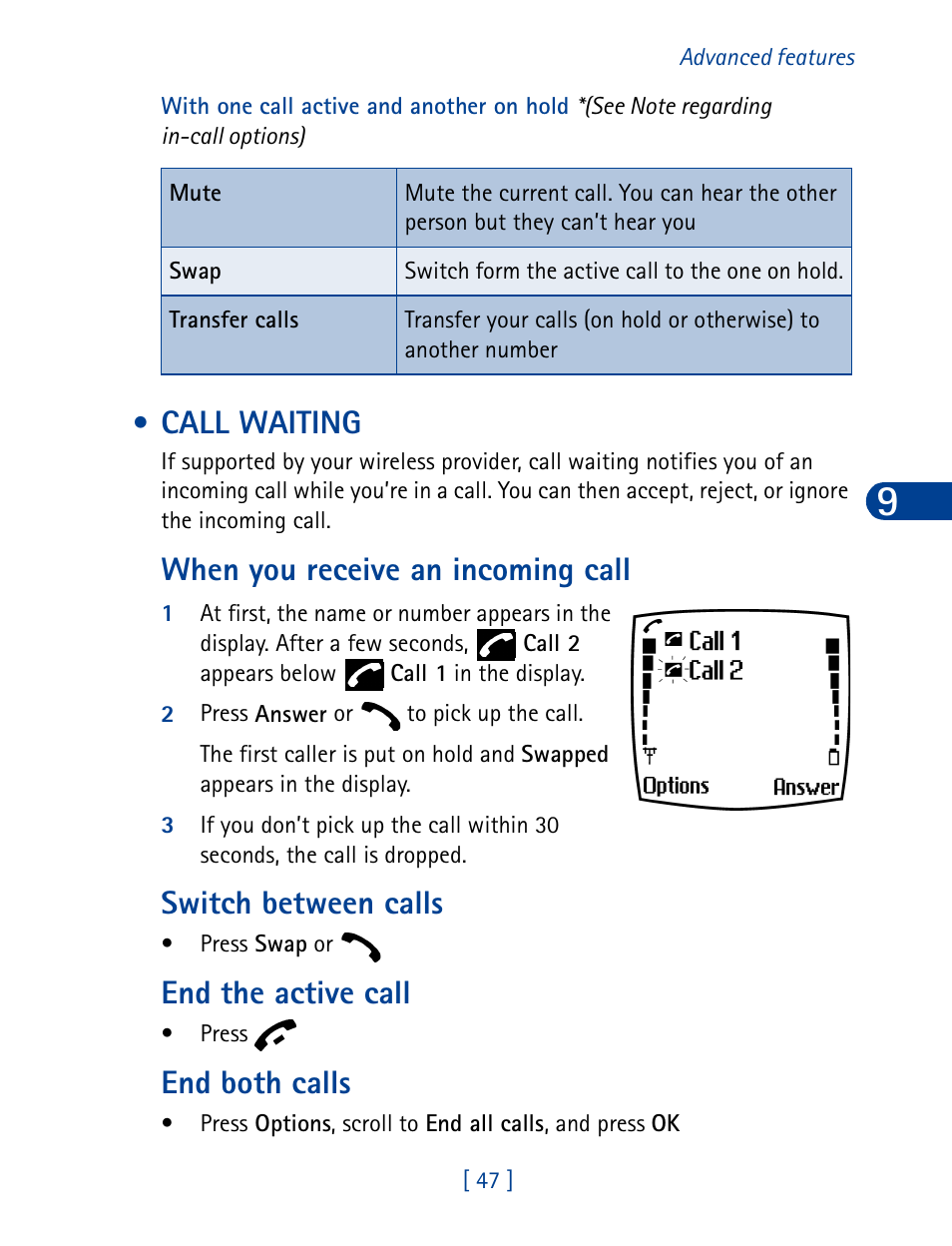 Call waiting, When you receive an incoming call, Switch between calls | End the active call, End both calls | Nokia 6340 User Manual | Page 56 / 161