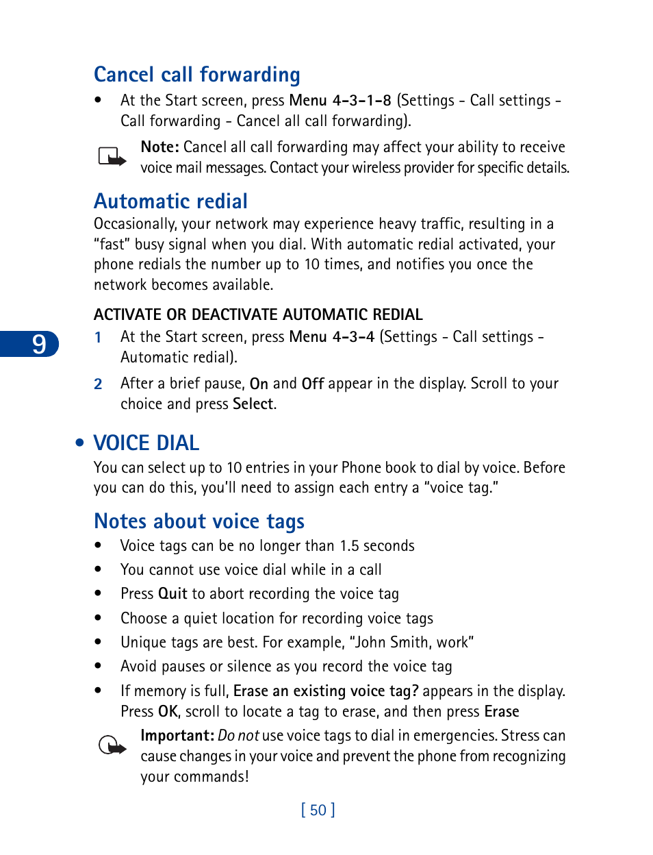 Voice dial, Cancel call forwarding, Automatic redial | Nokia 6340 User Manual | Page 59 / 161