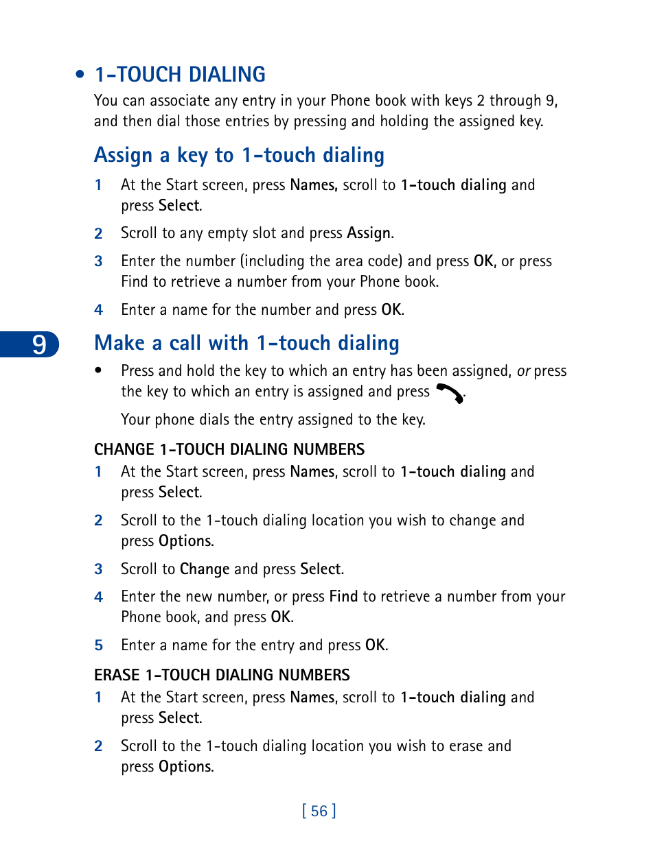 Touch dialing, Assign a key to 1-touch dialing, Make a call with 1-touch dialing | Nokia 6340 User Manual | Page 65 / 161