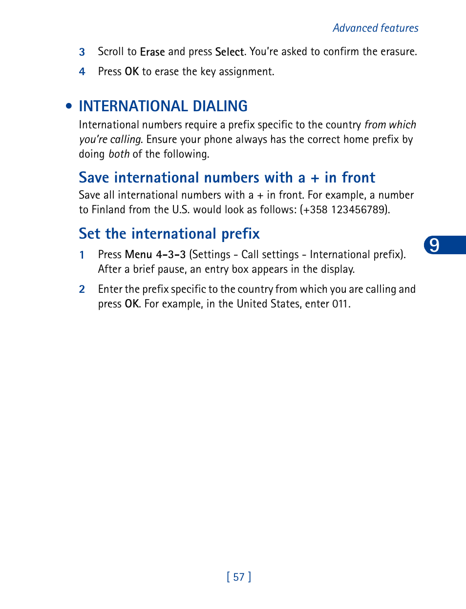 International dialing, Save international numbers with a + in front, Set the international prefix | Nokia 6340 User Manual | Page 66 / 161