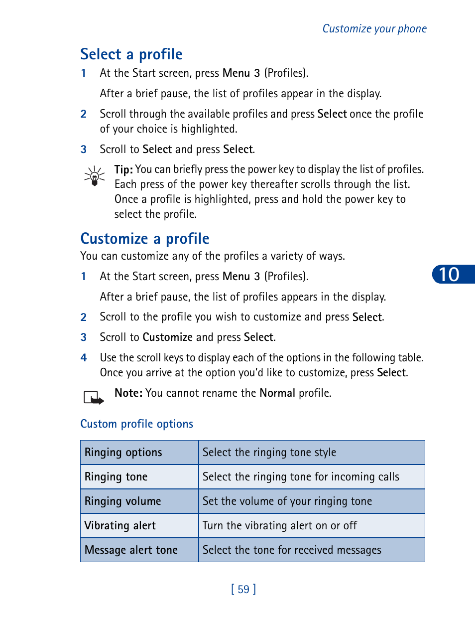 Select a profile, Customize a profile | Nokia 6340 User Manual | Page 68 / 161