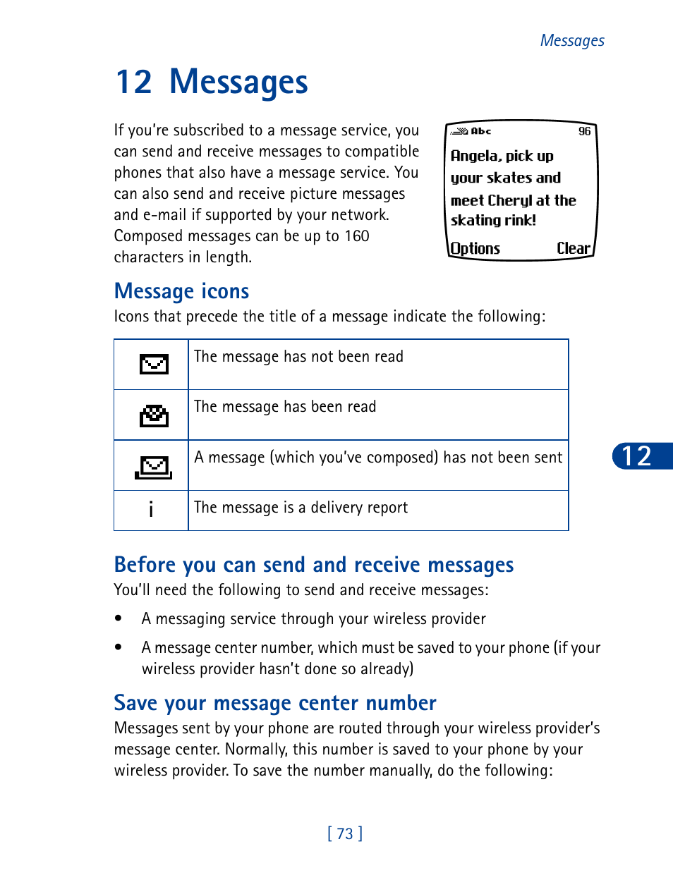 12 messages, Message icons, Before you can send and receive messages | Save your message center number | Nokia 6340 User Manual | Page 82 / 161