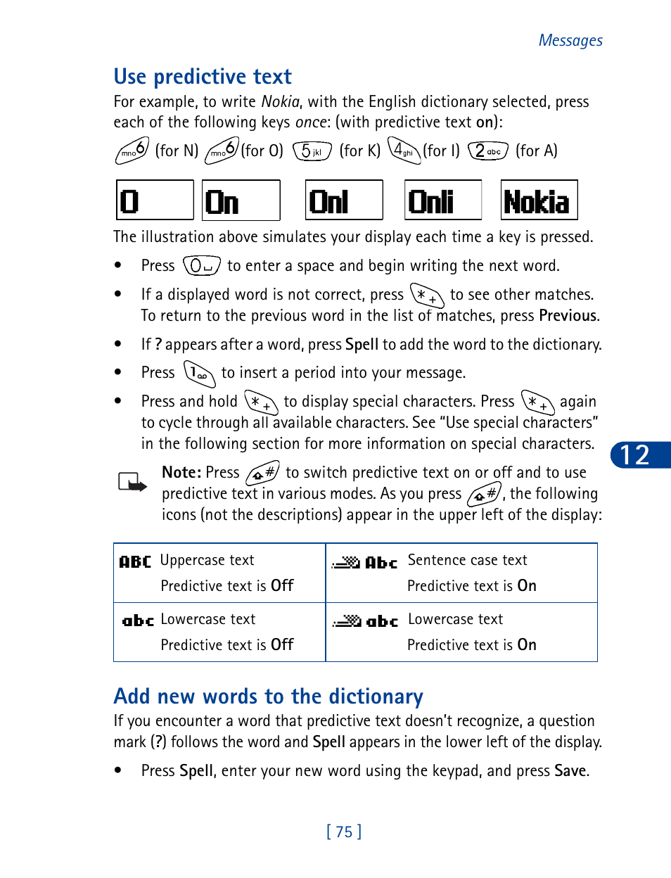 Use predictive text, Add new words to the dictionary | Nokia 6340 User Manual | Page 84 / 161