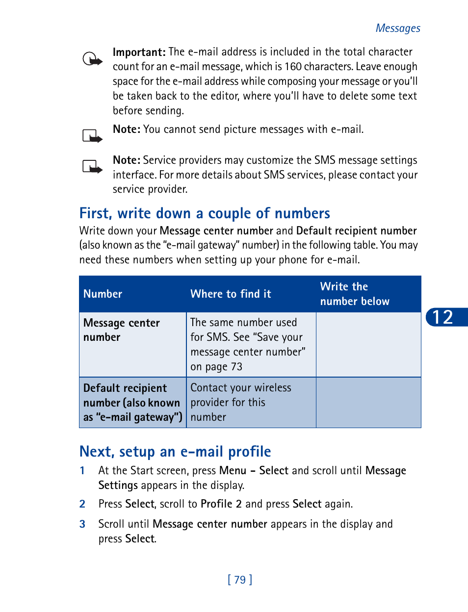 First, write down a couple of numbers, Next, setup an e-mail profile | Nokia 6340 User Manual | Page 88 / 161