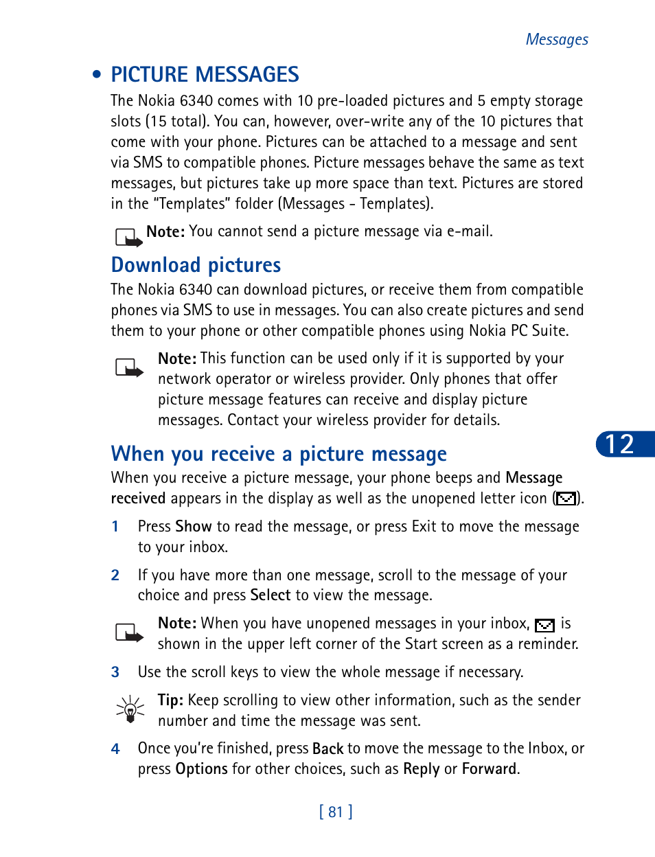 Picture messages, Download pictures, When you receive a picture message | Nokia 6340 User Manual | Page 90 / 161